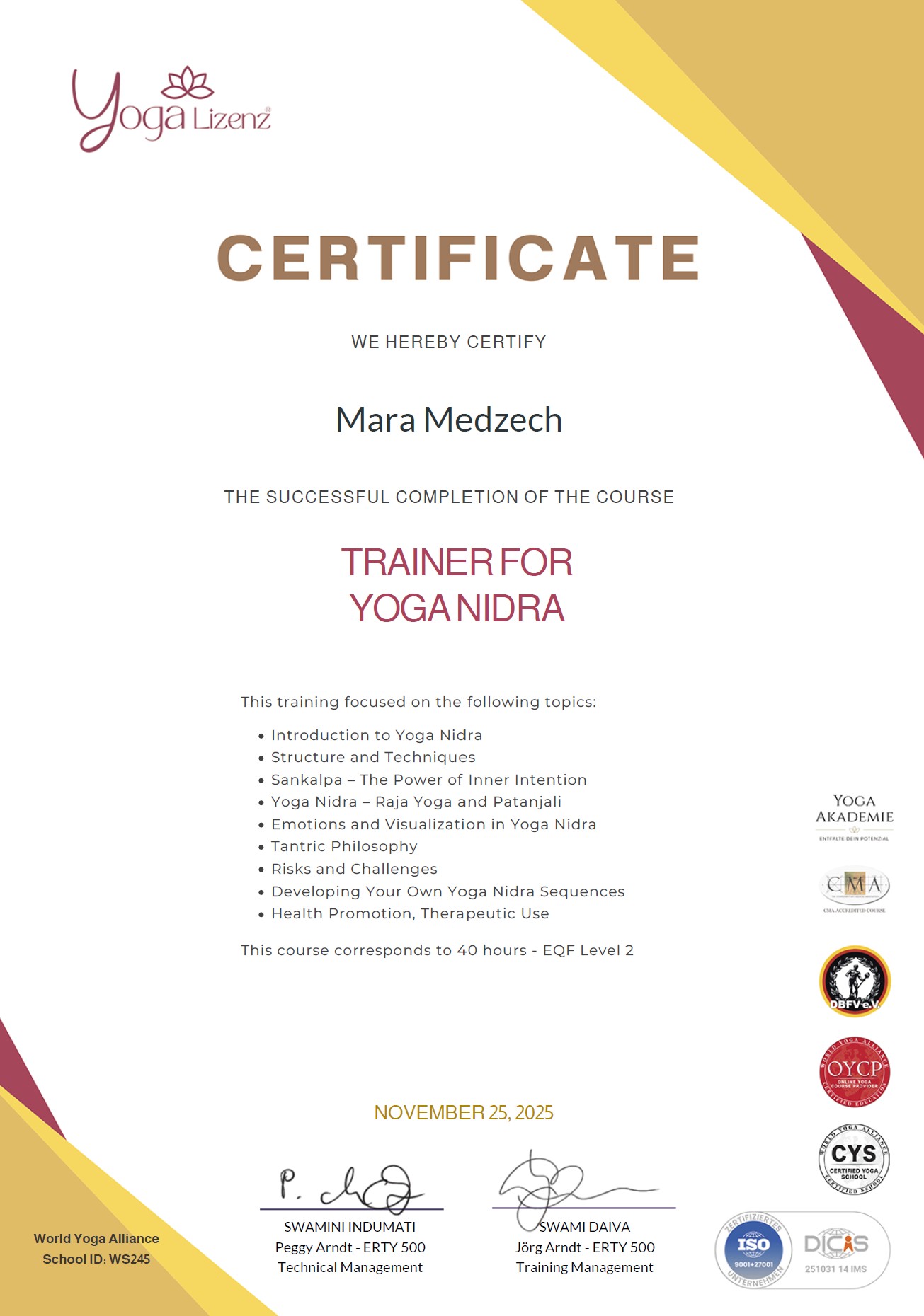 certificate Yoga Nidra
